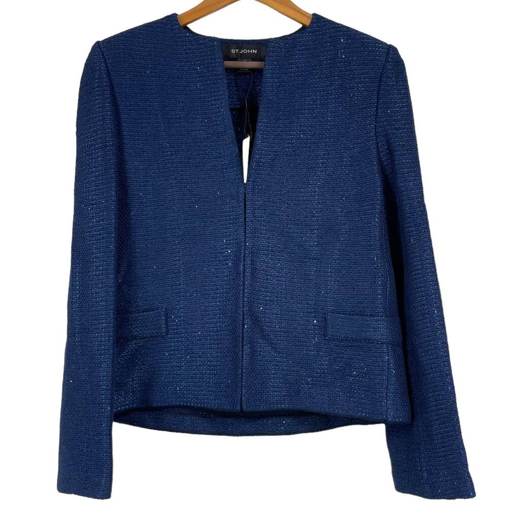 St. John NWT Navy Blue Sequin Blazer Tweed Wool Blend Metallic Blue Knit Size 4